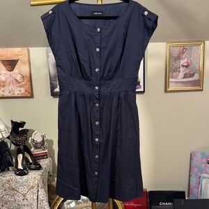 EUC Chetta B Navy Button-Front Sleeveless Midi Dress Missing Belt Lined